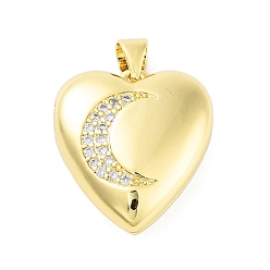 Moon Rack Plating Brass Micro Pave Clear Cubic Zirconia Pendants, Cadmium Free & Lead Free, Long-Lasting Plated, Real 18K Gold Plated, Heart, Moon, 21x19x8mm, Hole: 5x3.5mm