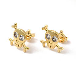 Real 18K Gold Plated Rack Plating Brass Pave Clear Cubic Zirconia Skull Stud Earrings, Halloween, Long-Lasting Plated, Lead Free & Cadmium Free, Real 18K Gold Plated, 12x12.5mm, Pin: 0.7mm