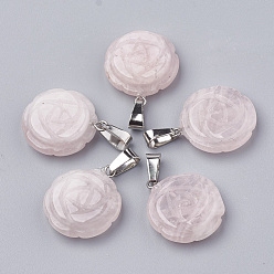 Rose Quartz Natural Rose Quartz Pendants, with Stainless Steel Snap On Bails, Flower, 23x20x6~7mm, Hole: 7x4mm