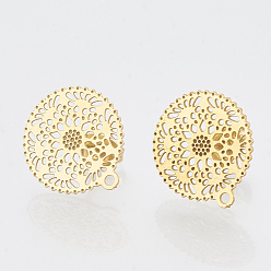 Golden 304 Stainless Steel Stud Earring Findings, with Loop, Flat Round, Golden, 16.5x15mm, Hole: 1mm, pin: 0.7mm