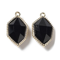 Obsidian Natural Obsidian Pendants, Faceted Hexagon Charms with Rack Plating Golden Plated Brass Edge Loops, 22.5x13x6.5~7mm, Hole: 1.5~1.6mm