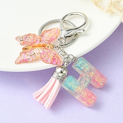 Letter H Resin & Acrylic Keychains, with Alloy Split Key Rings and Faux Suede Tassel Pendants, Letter & Butterfly, Letter H, 8.6cm
