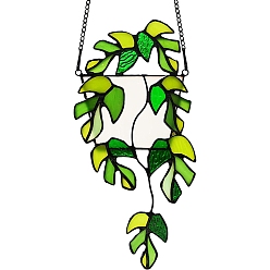 Green Plant Acrylic Leaf Window Hanging Decorations, with Iron Chains and Hook, for Home Garden Decor, Green, 210x117mm