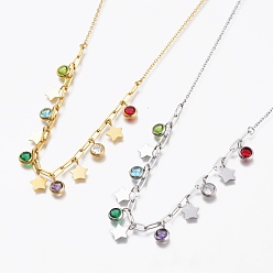 Mixed Color 304 Stainless Steel Pendant Necklaces, with Rhinestone, Birthstone Charms and Paperclip Chains, Star, Colorful, Mixed Color, 18-1/8 inch(46cm)