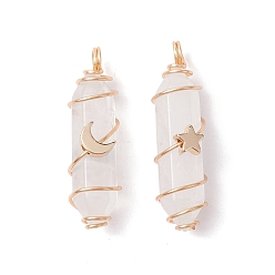 Quartz Crystal Natural Quartz Crystal Copper Wire Wrapped Pendants, Rock Crystal, Faceted Bullet Charms with Light Gold Tone Star & Moon Brass Beads, 36~37.5x10~10.5x11~12mm, Hole: 3.5~4mm, 2pcs/set