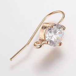Light Gold Brass Cubic Zirconia Earring Hooks, with Horizontal Loop, Cadmium Free & Nickel Free & Lead Free, Light Gold, 26x10x5mm, Hole: 2mm, 18 Gauge, Pin: 1mm