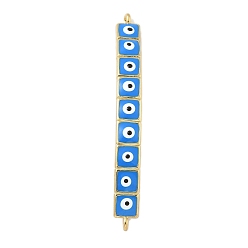 Deep Sky Blue Rack Plating Brass Enamel Evil Eye Connector Charms, Rectangle Links, Real 18K Gold Plated, Long-Lasting Plated, Cadmium Free & Lead Free, Deep Sky Blue, 38x4x6mm, Hole: 1mm and 1.2mm