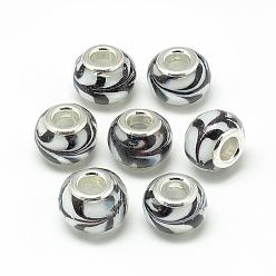 White Handmade Lampwork European Beads, with Brass Double Cores, Large Hole Beads, Rondelle, Silver Color Plated, White, 14~15x10~11mm, Hole: 5mm