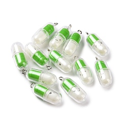 Green Translucent Plastic Pendants, Pill Capsule Charm, with Platinum Tone Iron Loops, Green, 29x10.5mm, Hole: 2mm