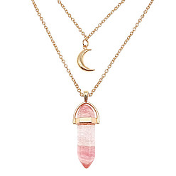 Watermelon Stone Glass Synthetic Watermelon Stone Glass Cone Pendant Double Layer Necklace, with Moon Charms, 19.69 inch(50cm)