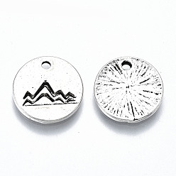 Antique Silver Tibetan Style Alloy Charms, Flat Round with Mountain, Cadmium Free & Lead Free, Antique Silver, 12.5x1mm, Hole: 1mm