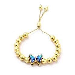 Bleu Moyen  Bracelets coulissants à perles rondes en laiton plaqué en rack pour femmes, bracelets réglables papillon en verre plaqué longue durée, sans nickel et sans plomb, réel 18 k plaqué or, bleu moyen, diamètre intérieur : 1-1/2~2-7/8 pouces (3.7~7.2 cm)