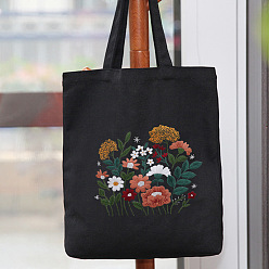 Dark Olive Green DIY Flower Pattern Black Canvas Tote Bag Embroidery Kit, including Embroidery Needles & Thread, Cotton Fabric, Plastic Embroidery Hoop, Dark Olive Green, 390x340mm