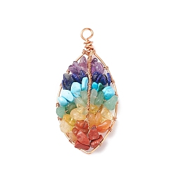 Champagne Gold Chakra Natural Mixed Stone Chip Big Pendants, Natural Red Jasper & Red Aventurine & Howlite & Citrine & Amethyst & Green Aventurine & Lapis Lazuli, with Copper Wire Wrapped, Leaf, Mixed Dyed and Undyed, Champagne Gold, 61~64x29~30x9mm, Hole: 4.4~4.7mm