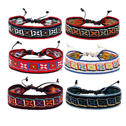 Rectangle Cotton Flat Cord Bracelets Set, Wax Ropes Braided Ethnic Tribal Adjustable  Bracelets, Rectangle, 6-7/8 inch(17.5cm), 6pcs/set