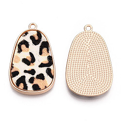 Linen Eco-Friendly Cowhide Leather Pendants, with Golden Plated Alloy Cabochon Settings, teardrop, with Leopard Print Pattern, Linen, 35x21x2~3mm, Hole: 1.8mm