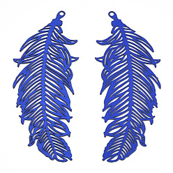 Blue Ion Plating(IP) 201 Stainless Steel Filigree Pendants, Etched Metal Embellishments, Feather, Blue, 47x19x0.3mm, Hole: 1.2mm