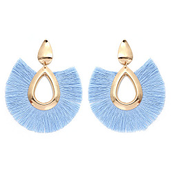 Light Sky Blue Alloy Teardrop Stud Earrings, Bohemia Style Horseshoe Tassel Dangle Earrings for Women, Light Sky Blue, 80x68mm