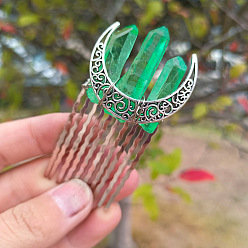 Medium Spring Green Natural Crystal Quartz Hair Combs, with Metal Finding, for Women, Moon, Medium Spring Green, 70x35mm