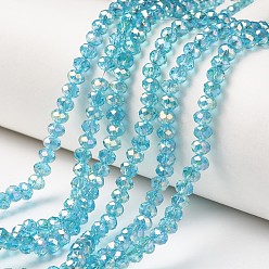 Cyan Electroplate Transparent Glass Beads Strands, Full Rainbow Plated, Faceted, Rondelle, Cyan, 6x5mm, Hole: 1mm, about 85~88pcs/strand, 16.1~16.5 inch(41~42cm)