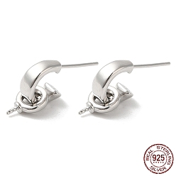 Real Platinum Plated Rhodium Plated 925 Sterling Silver Stud Earring Findings, C-shape Half Hoop Earring, Dangle Earring, for Half Drilled Beads, with 925 Stamp, Real Platinum Plated, 15x6x1.5mm, Pin: 0.7mm