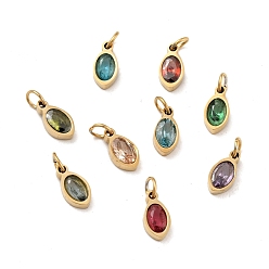 Mixed Color Vacuum Plating 304 Stainless Steel Pendants, with Cubic Zirconia and Jump Rings, Single Stone Charms, Oval, Golden, Mixed Color, 10x5x3mm, Hole: 3.4mm