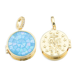 Light Sky Blue Brass Micro Pave Clear Cubic Zirconia Locket Pendants, with Natural Abalone Shell/Paua Shell, Dyed, Nickel Free, Real 18K Gold Plated, Flat Round Charm with Virgin Mary Pattern Inside, Light Sky Blue, 21x19x8mm, Hole: 4x5.5mm