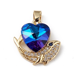 Steel Blue Real 18K Gold Plated Rack Plating Brass Micro Pave Cubic Zirconia Pendants, with Glass, Long-Lasting Plated, Cadmium Free & Lead Free, Heart & Whale, Steel Blue, 19x19x8mm, Hole: 5x3mm