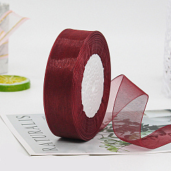 Dark Red Polyester Organza Ribbon, for Christmas Decoration, Dark Red, 1 inch(25mm), about 49.21 Yards(45m)/Roll