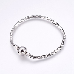 Stainless Steel Color 304 Stainless Steel European Style Bracelets Making, Round, Stainless Steel Color, 7-5/8 inch(19.5cm), 3mm