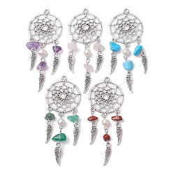 Mixed Stone Mixed Gemstone Chip Big Pendants, Antique Silver Plated Alloy Woven Web/Net with Feather Charms, with Natural Cultured Freshwater Pearl, Mixed Dyed and Undyed, 71~75x28.5~30x4.5~6mm, Hole: 1.8mm