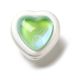 Yellow Green Alloy & Transparent Glass Beads, Matte Silver Color, Two-sided Heart Shape Beads, Yellow Green, 11x11.5x10.5mm, Hole: 1mm