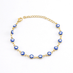 Royal Blue Real 18K Gold Plated Stainless Steel Enamel Evil Eye Link Chain Bracelet, Royal Blue, 6-3/4 inch(17cm)