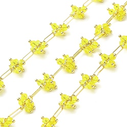 Yellow Rack Plating Real 18K Gold Plated Brass Oval Link Chains, with Glass Flower Charms, Soldered, with Spool, Lead Free & Cadmium Free, Yellow, 8x2x0.9mm