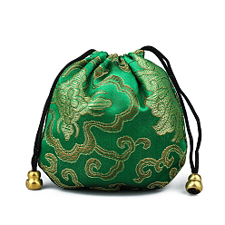Green Chinese Style Silk Brocade Jewelry Packing Pouches, Drawstring Gift Bags, Auspicious Cloud Pattern, Green, 11x11cm