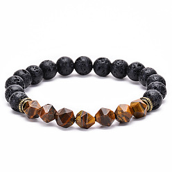Tiger's Eye Stone Bracelet with Cut Surface Tiger Eye and Lava Stone Handmade Bracelet with Natural Cut Surface