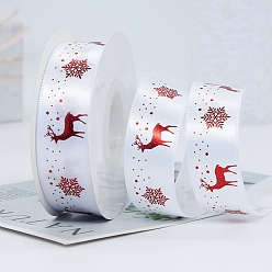 White 22M Flat Christmas Reindeer Printed Polyester Satin Ribbons, Hot Stamping Ribbons, White, 1 inch(25mm), about 24.06 Yards(22m)/Roll