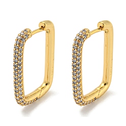 Clear Brass Micro Pave Cubic Zirconia Huggie Hoop Earrings, Rectangle, Real 18k Gold Plated, Clear, 29.5x19.5x3.5mm, Pin: 1mm