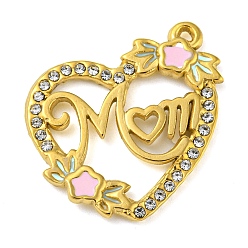 Crystal Ion Plating(IP) Real 18K Gold Plated 304 Stainless Steel Rhinestone Pendants, Heart with Word Mom Charms, for Mother's Day, Crystal, 22x21x2mm, Hole: 1mm