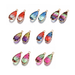 Mixed Color Two Tone Glass Pendants, with Brass Findings, Faceted, Teardrop, Golden, Mixed Color, 24x10.5x6mm, Hole: 1.5mm