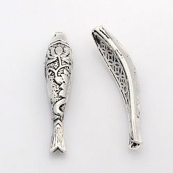 Antique Silver Tibetan Style Zinc Alloy Lotus Flower Pattern Fish Beads, Antique Silver, 43x9x6mm, Hole: 1mm