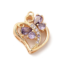 Light Amethyst Brass with K9 Glass Pendants, Golden Peach Hearts with Butterfly Charms, Light Amethyst, 18x14.8x5mm, Hole: 1.4mm