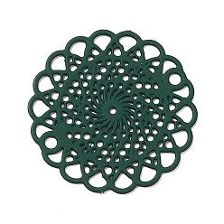 Dark Green 430 Stainless Steel Connector Charms, Etched Metal Embellishments, Flat Round with Flower Links, Dark Green, 18x0.5mm, Hole: 1.2mm