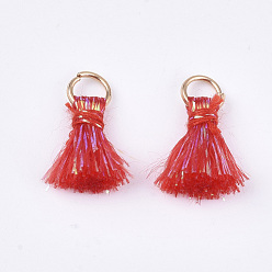 Crimson Polyeter Tassel Pendants, with Metallic Cord and Iron Jump Rings, Golden, Crimson, 10~15x5~8mm, Hole: 3.5mm