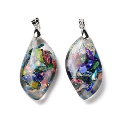 Colorful Transparent Resin Natural Imperial Jasper Dyed Chips Pendants, with Platinum Tone Brass Findings, Leaf Charm, Colorful, 34.5x18x8mm, Hole: 5x4mm