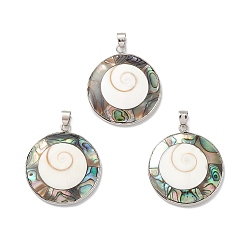 Platinum Natural Abalone Shell/Paua Shell Pendants, with Brass Findings, Cadmium Free & Lead Free, Flat Round, Platinum, 36x31.5x5mm, Hole: 6x4mm