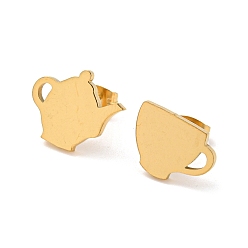 Golden 304 Stainless Steel Stud Earrings, Teapot & Teacup Asymmetrical Earrings, Golden, 12x14mm, 9.5x13mm