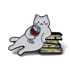 White Drunk Cat Shape Alloy Enamel Brooch Pins, for Backpack, Clothes, White, 26x35x1.5mm