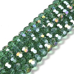 Sea Green Transparent Glass Beads, 32 Facets, AB Color Plated, Round, Sea Green, 8x7~7.5mm, Hole: 1.5mm, about 66pcs/strand, 18.82''~19.06''(47.8~48.4cm)