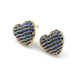 Blue Heart Brass Cubic Zirconia Ear Studs for Women Men, Lead Free & Cadmium Free, Real 18K Gold Plated, Long-Lasting Plated, Blue, 11x12x4mm, Pin: 0.8mm